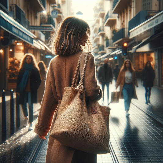 18.44.48-Une-femme-dans-la-trentaine-portant-un-sac-fourre-tout-en-toile-de-jute-se-promene-dans-une-rue-urbaine-animee.-La-femme-a-les-cheveux-chatains-mi-l