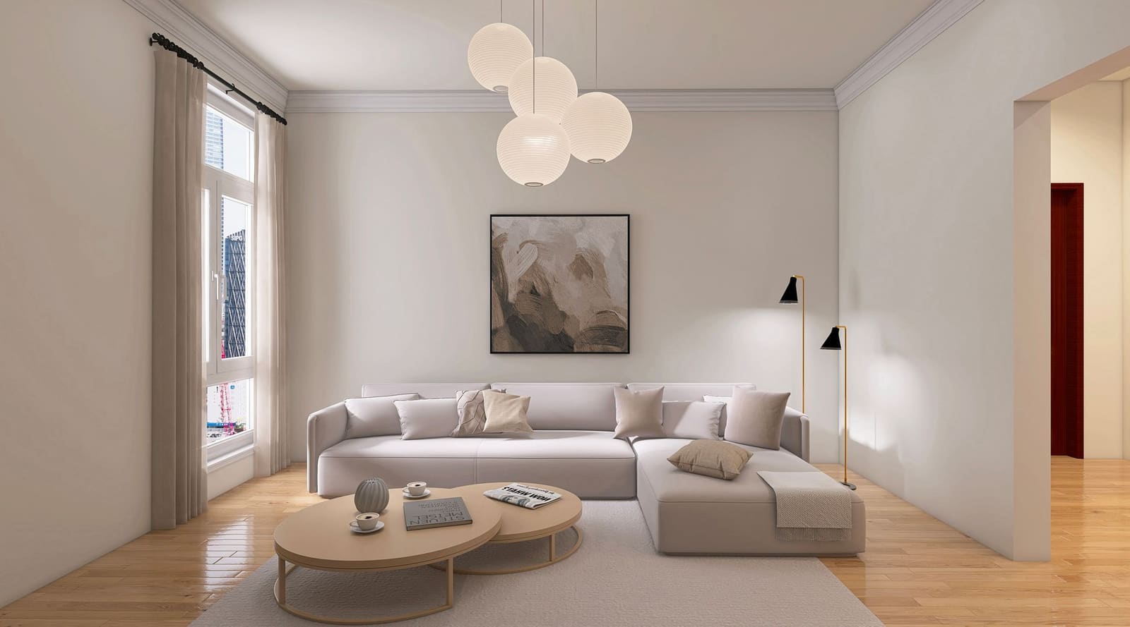 Salon de maison moderne lumineux avec canapé, plantes et grande baie vitrée